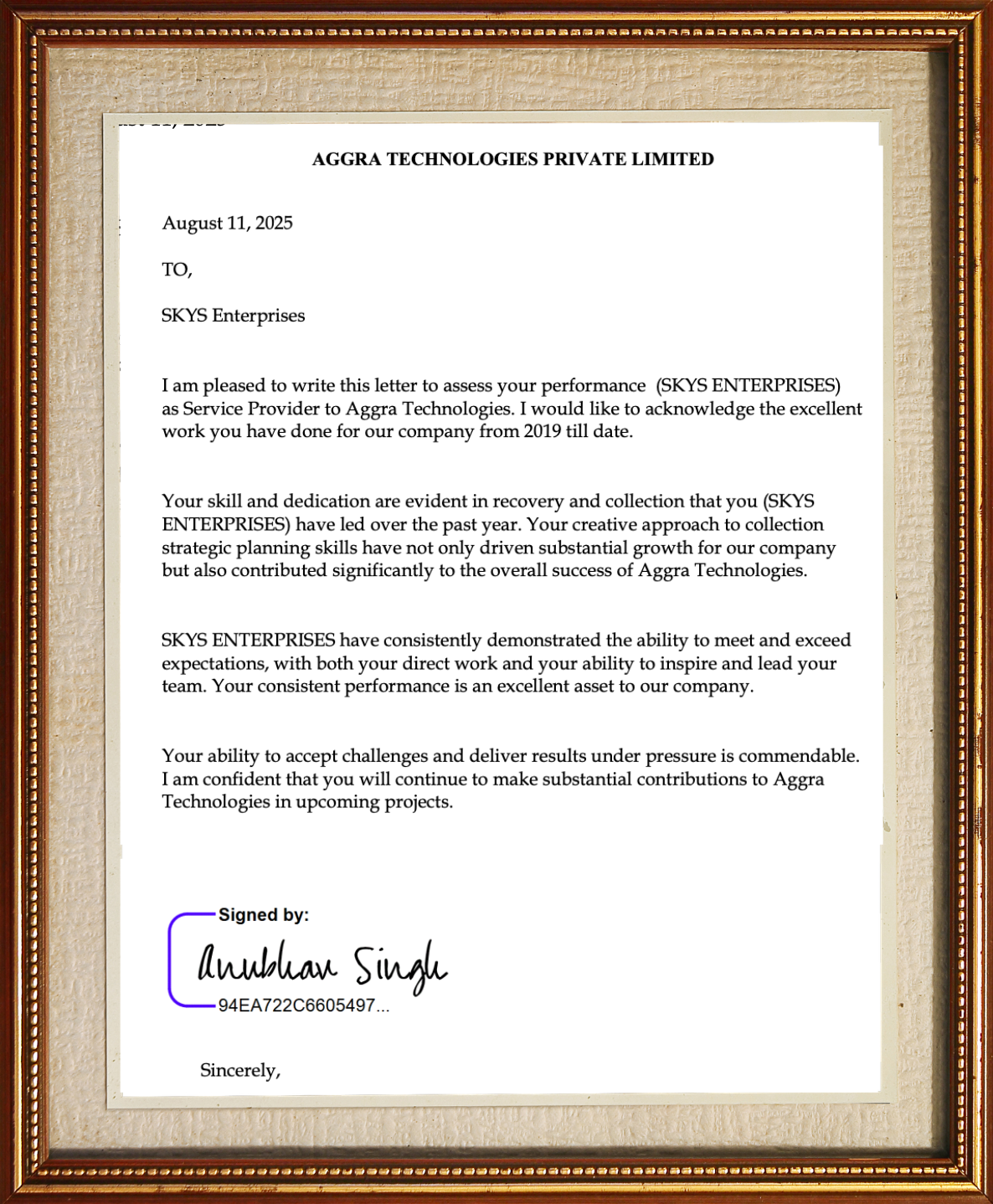 Appreciation letter from MobiKwik / Aggra Technologies