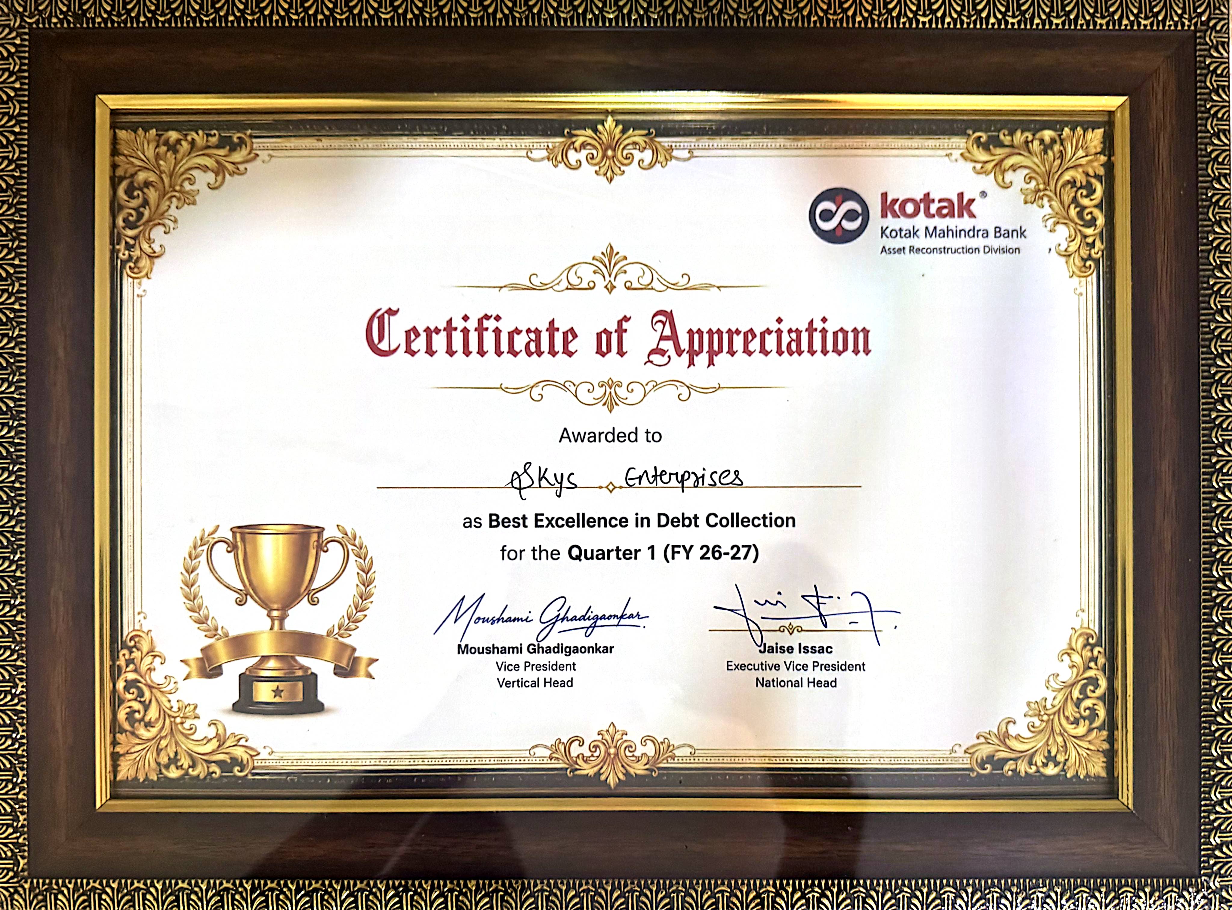 Certificate of Appreciation from Kotak Mahindra Bank
